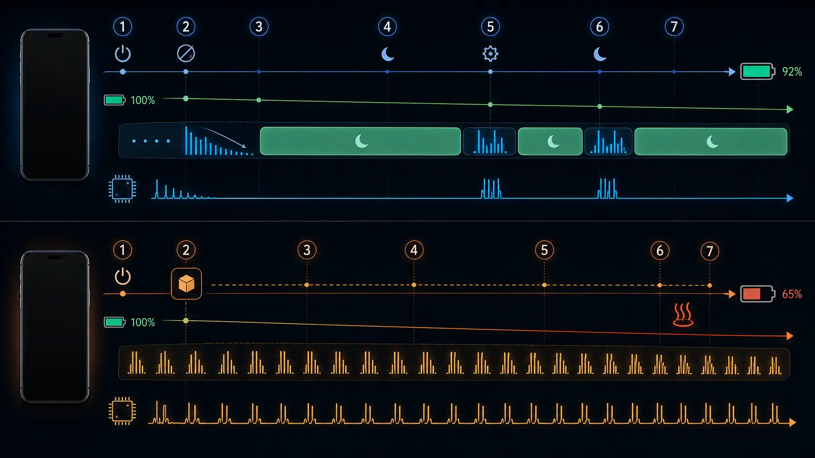 Timeline comparing normal Android Doze sleep with repeated wake locks and faster battery drain