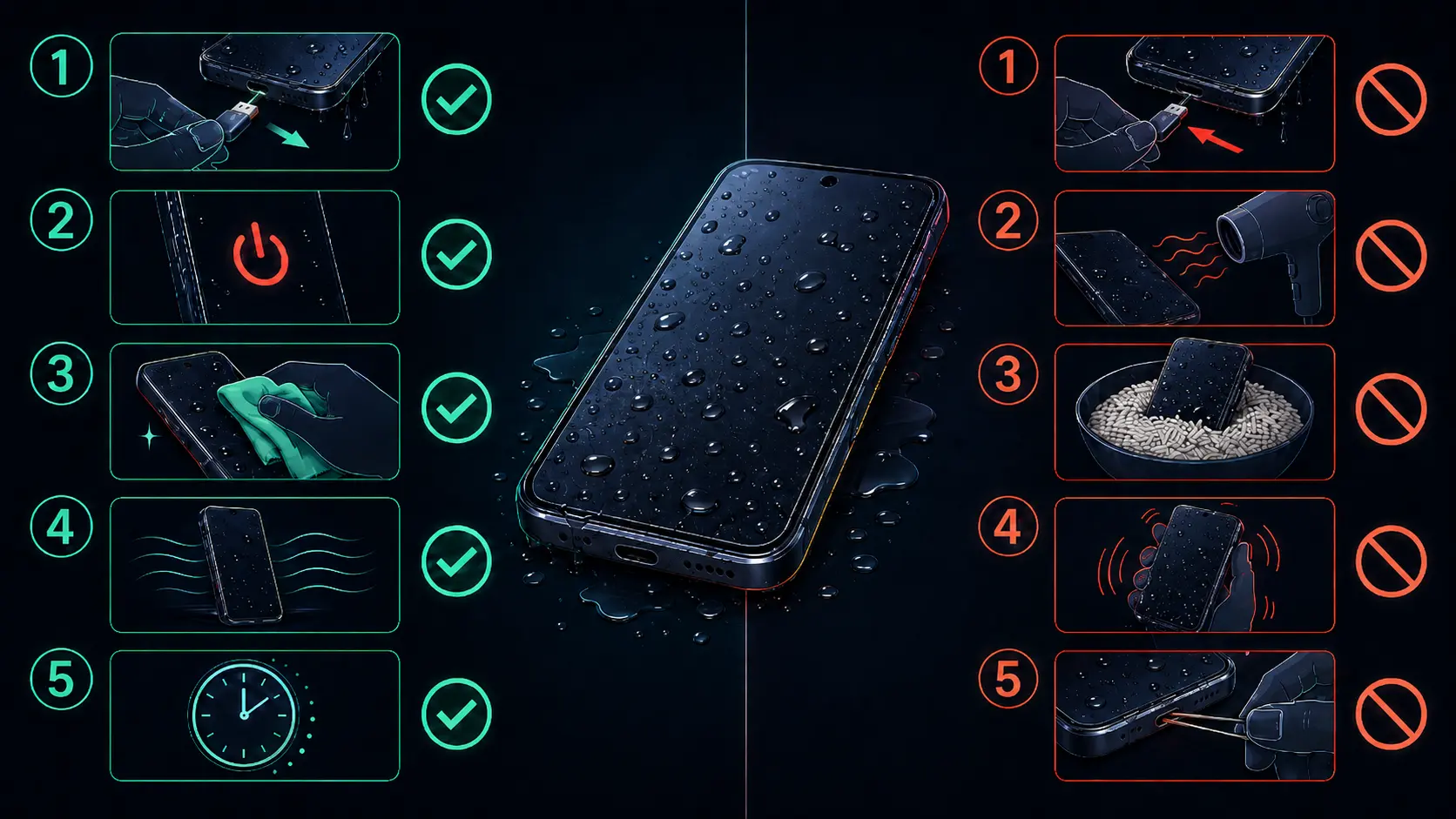 Wet phone first-aid checklist showing safe drying steps and actions to avoid
