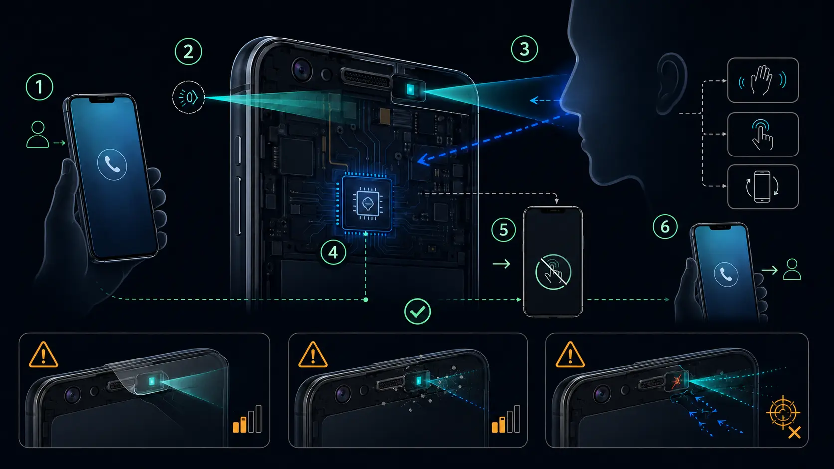 Diagram showing a phone proximity sensor detecting a face during a call and turning the screen off