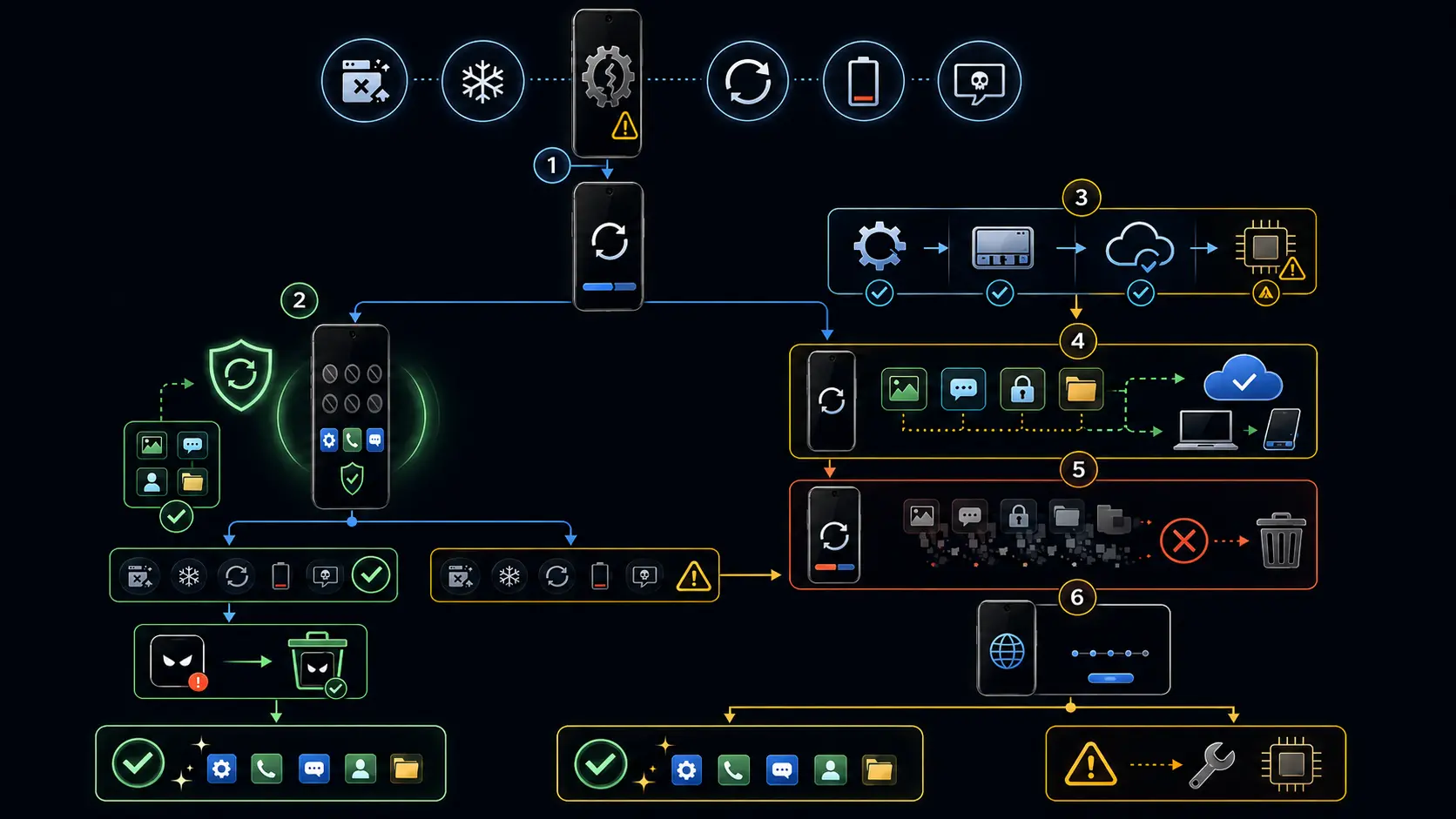 Troubleshooting flow comparing reversible Android Safe mode testing with a destructive factory reset