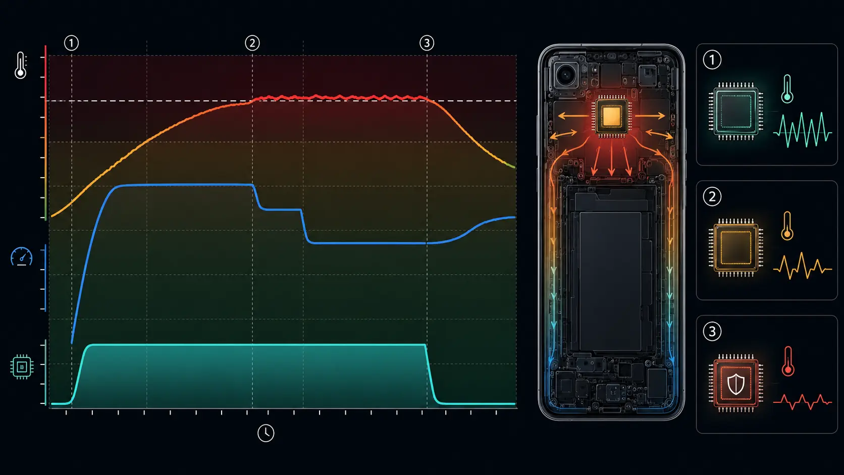 Graph showing phone temperature rising while performance and charging power are reduced