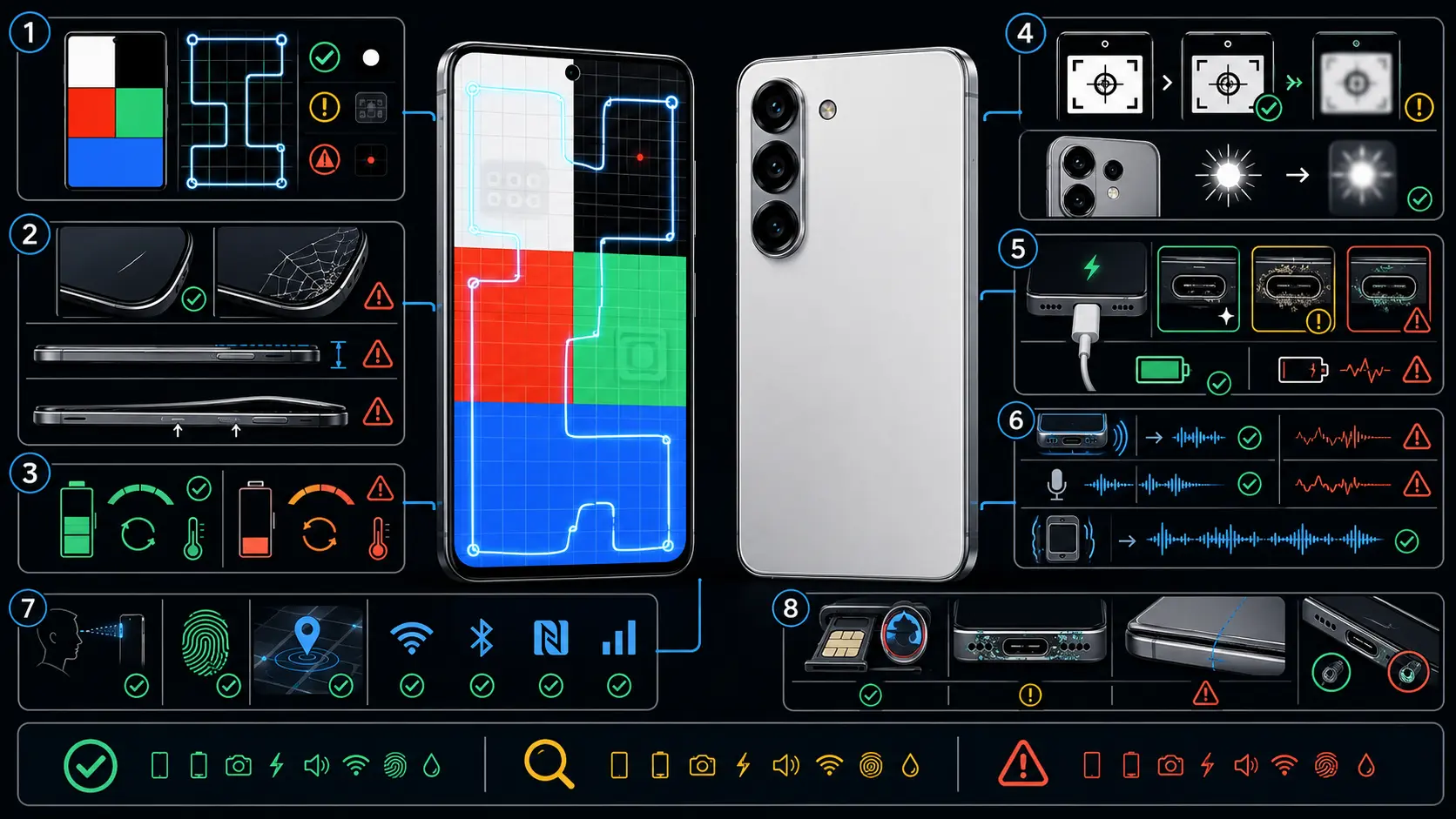 Used Android phone condition inspection covering display, frame, battery, cameras, charging port, sensors, and connectivity